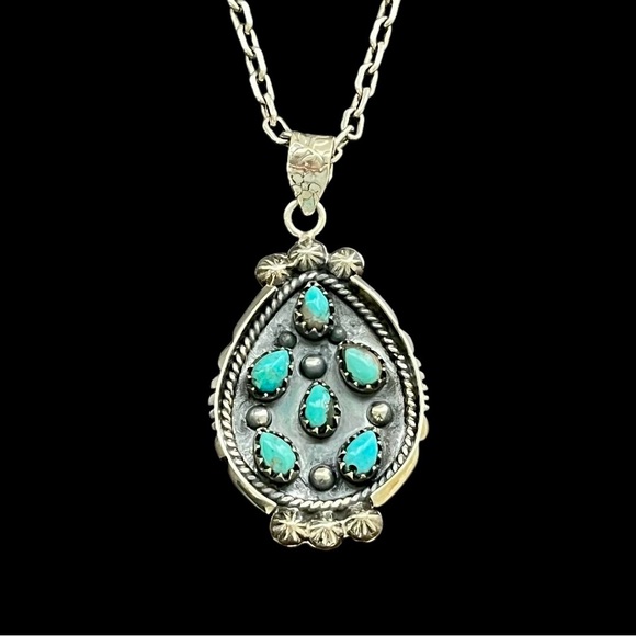 Native American style sterling silver turquoise cluster pendant Artisan made - Picture 1 of 9
